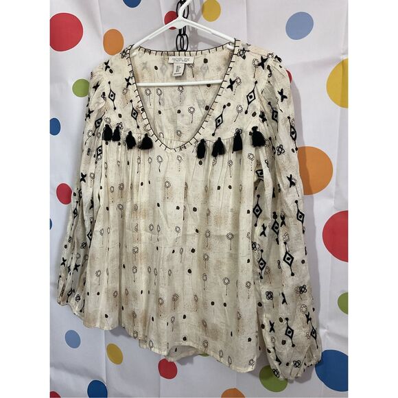 NEW Rachel Zoe Boho Peasant Style Top Beiges & Black Tassels Size Small ❤️🌿 - Picture 6 of 11